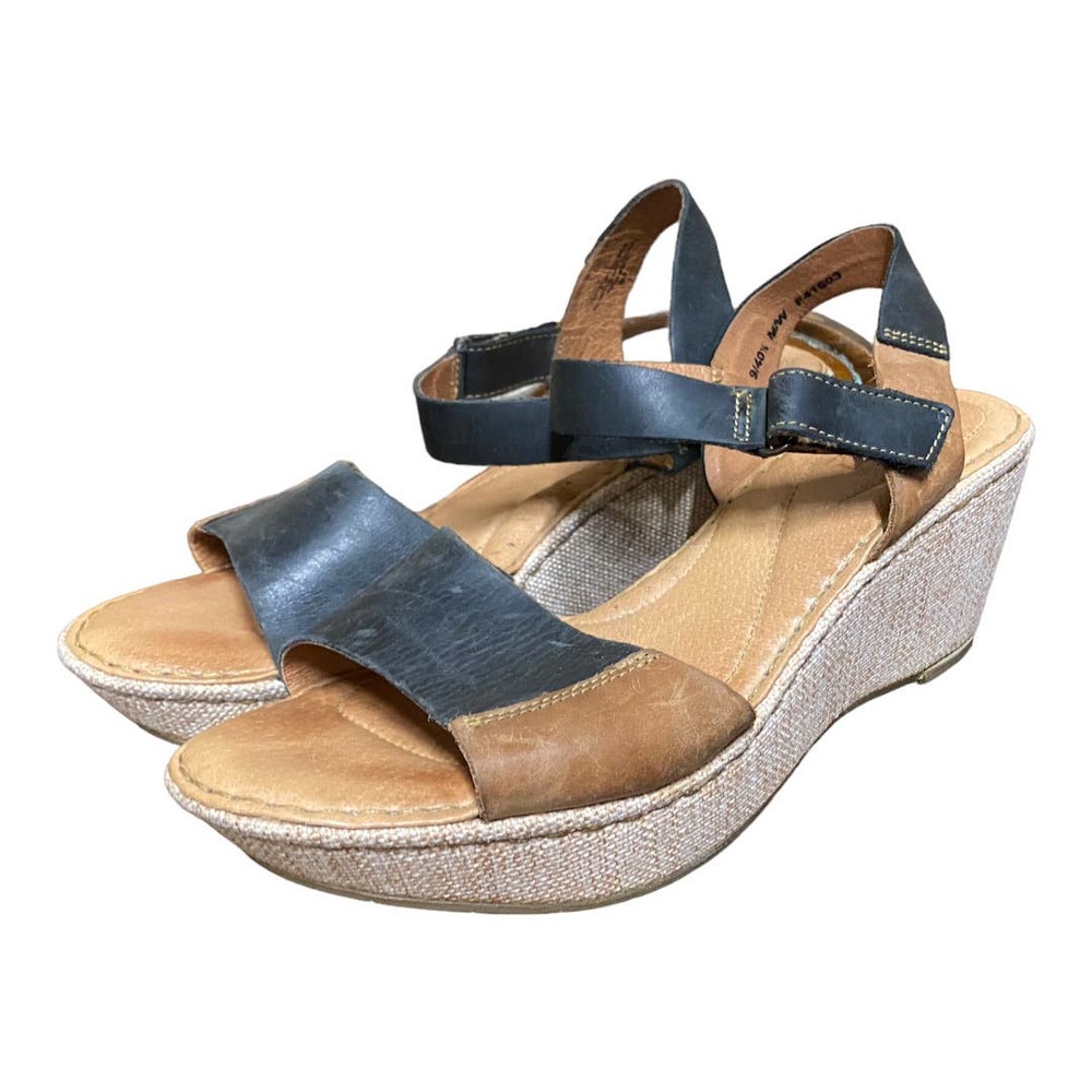 Born Nector Tan Black Combo Leather Wedge Sandal Size 9
